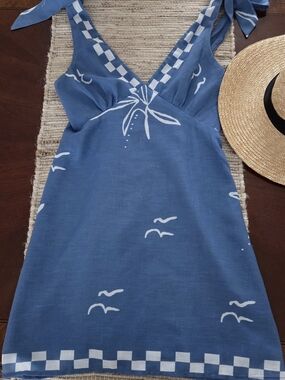 Blue Tie-Shoulder Sundress with White Nautical Print
